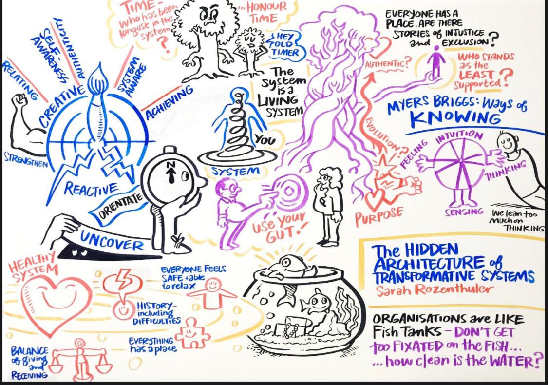 Summary graphic cartoon of 'The Hidden Architecture of Transformative Systems' led by Sarah Rozenthuler